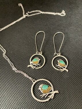 Elle Silver Bird Pendant Necklace and Earrings with Turquoise Accents